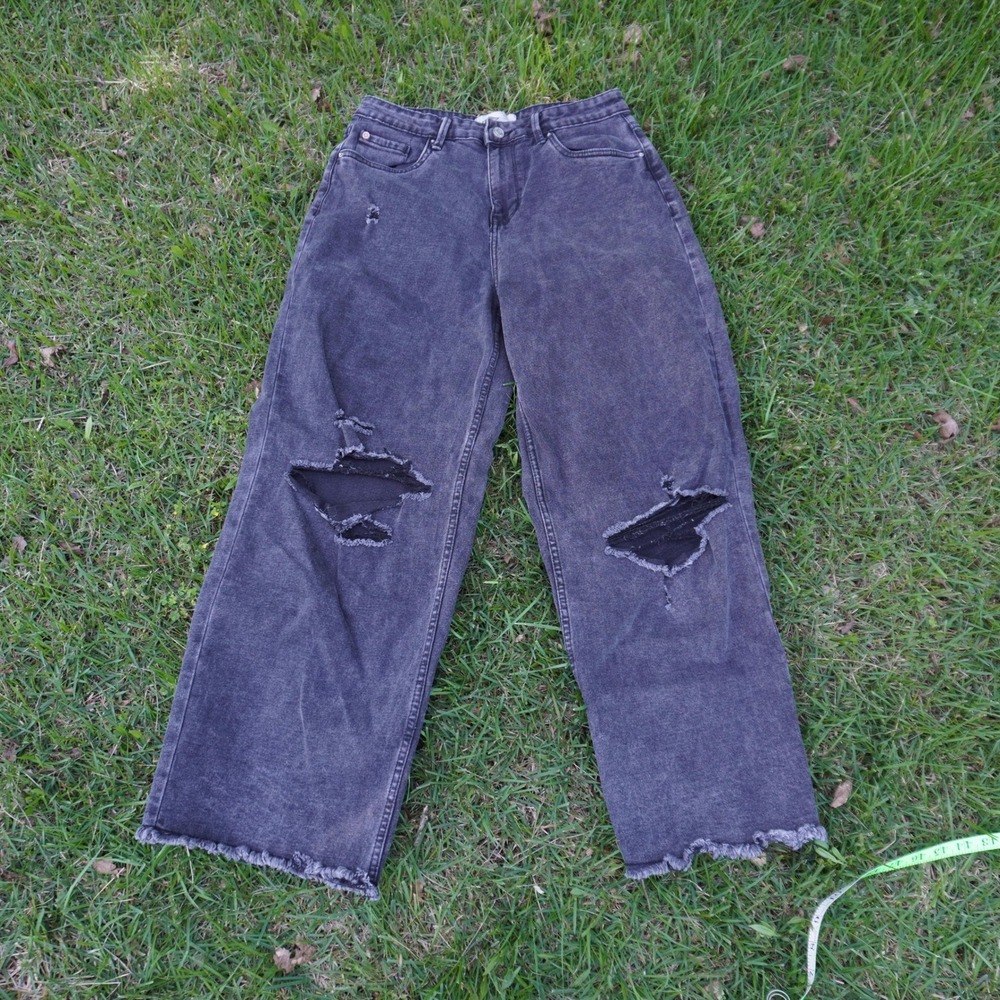 Lee Cooper‎ Wide Leg Distressed Jeans Ripped Knee Frayed Hem Jet Black 30 Y2k